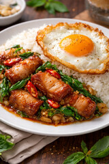 Fototapeta premium Thai Basil Crispy Pork with Fried Egg on Rice – Spicy Street Food Close Up 