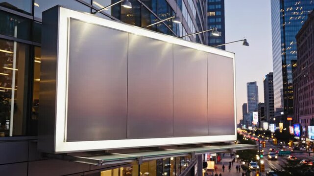 Large illuminated billboard on a modern building facade overlooking a busy city street at dusk