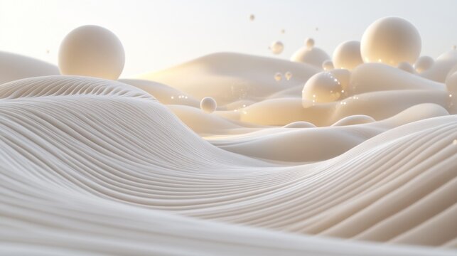 Abstract landscape of flowing, pale beige/cream lines and spheres