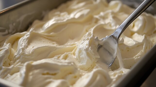 Creamy white ice cream in a metal pan, a spoon stirring