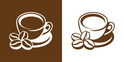 Logo cafetería. Dibujo sencillo con líneas de un plato con una taza de café, con frijoles de café en estilo retro © teracreonte