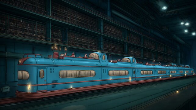 blue train sits inside a building