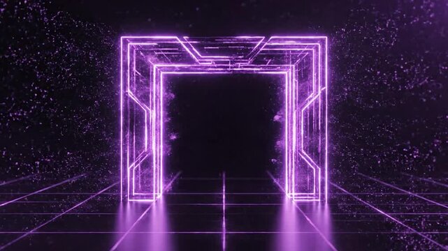 Abstract Neon Purple Cyber Portal Graphic Featuring Particle Effects and Digital Grid Background for Technology Concepts
