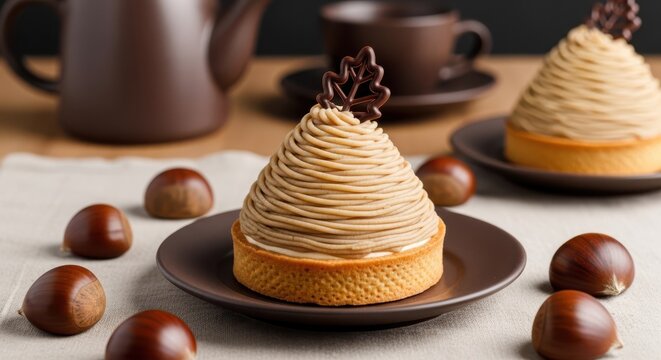 Delicious mont blanc chestnut dessert tart with a chocolate leaf garnish on a plate with fresh chestnuts on a rustic table setting