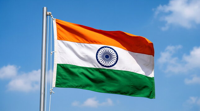 Indian Flag Waving With Ashoka Chakra Against Blue Sky &mdash; National Tricolor Flag Of India