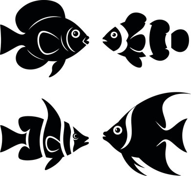Silhouette black of various tropical fish species including angelfish, clownfish, surgeonfish, and butterflyfish vector illustration isolated on white background for marine design