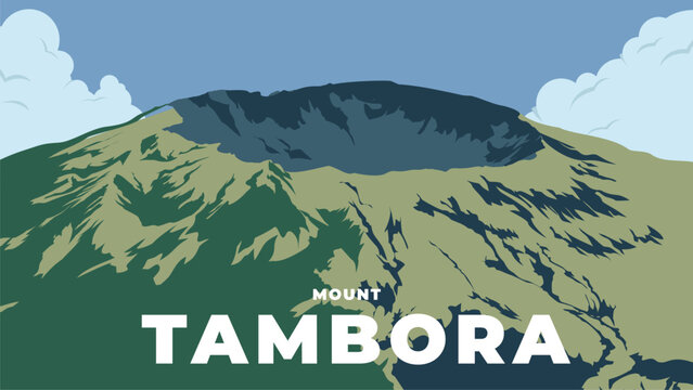 Mount Tambora Landscape Illustration with Minimal Flat Design