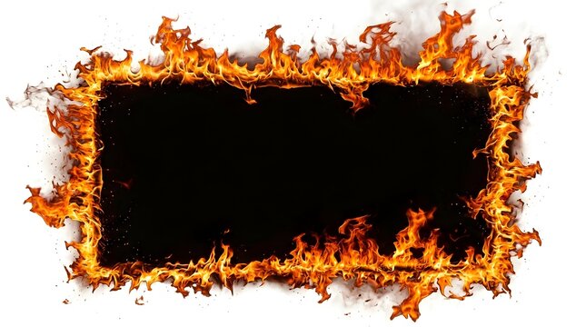 Rectangular border frame made of intense orange and yellow fire flames with glowing sparks and embers isolated on a white background with a central black rectangular copy space.