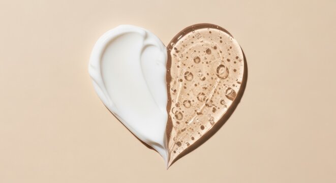 Heart shape made of white cosmetic cream and transparent gel with bubbles on beige background
