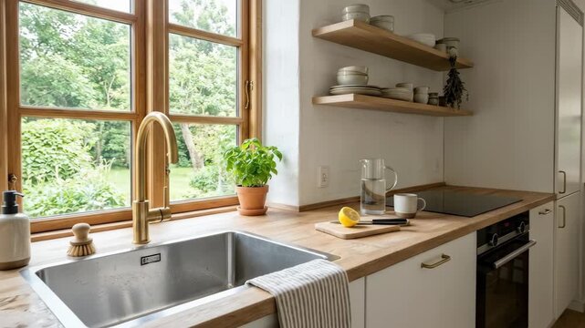A bright Scandinavian kitchen interior with a clean white wall, sink, and modern appliances is illuminated by soft sunlight, reflections and textures enhancing depth and warmth, photorealistic,