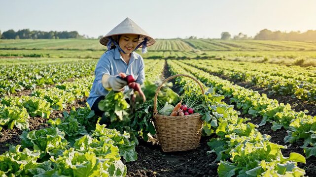 Farmer harvesting fresh vegetables in a sunlit field at sunrise