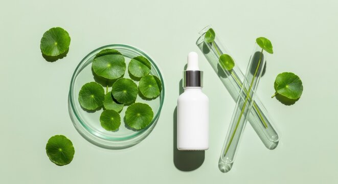 Cosmetic serum bottle with centella asiatica leaves in a petri dish and test tubes on a light green background