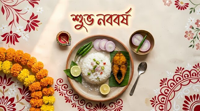 Shuvo Noboborsho Greeting with Traditional Panta Ilish Platter and Vibrant Color Splashes