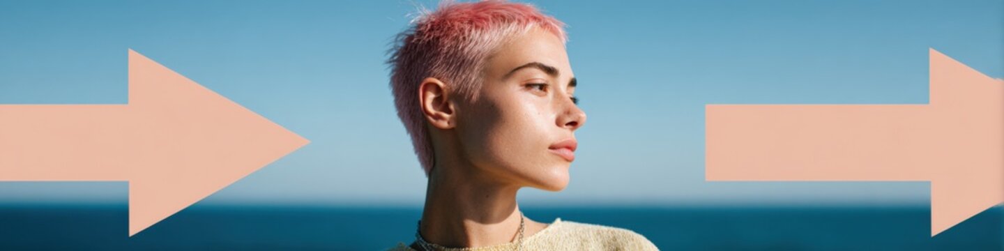Pinkhaired young caucasian female profile portrait with large directional arrows and clear blue sky background showing contemplative confident gaze