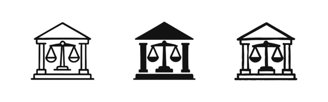 Courthouse building with scales of justice icon set, symbolizing legal system and law enforcement.