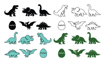 Dinosaur icon set, prehistoric animal vector collection, cute dino silhouettes and outline illustrations, ancient reptile graphics for kids' designs and educational materials © Shanza
