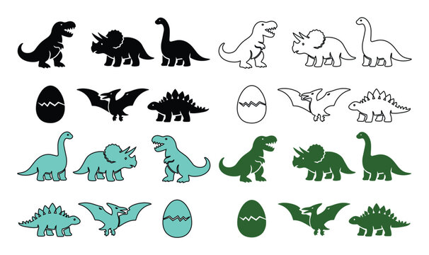 Dinosaur icon set, prehistoric animal vector collection, cute dino silhouettes and outline illustrations, ancient reptile graphics for kids' designs and educational materials