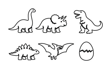 Cute dinosaur vector outlines, prehistoric animal illustrations, simple dino characters, black and white line art for children's designs, educational materials, and playful branding © Farzana