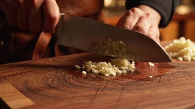 Chef carefully mincing garlic on a wooden cutting board with a sharp stainless steel knife in close up shot