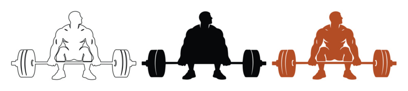 Deadlift exercise vector illustration set, three stylized strongman silhouettes lifting heavy barbells, fitness and gym workout graphic resource