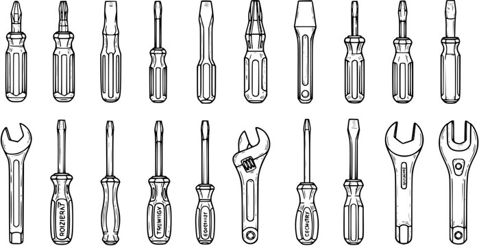 Construction and DIY Hand Tools Black and White Line Art Set: Sketch of Screwdrivers and Wrenches for Repair and Maintenance Projects