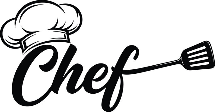 Stylized script chef wordmark logo with cook hat and kitchen spatula for professional catering services, lettering