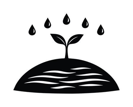Growing plant seedling vector icon, a black silhouette of a young sprout on a mound of soil, watered by five falling raindrops, symbolizing growth, nature, and sustainability.