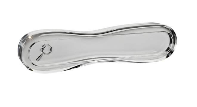 Shiny metallic search bar featuring a magnifying glass icon rendered in a sleek liquid silver style isolated against a plain white background area