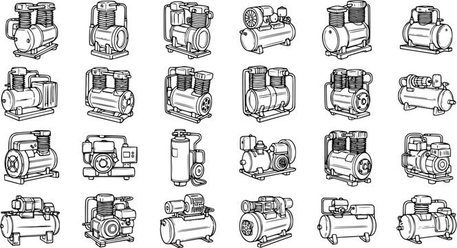 Industrial Air Compressors Black and White Line Art Icons Set. Various types of piston pressure pumps for engineering and workshop applications.