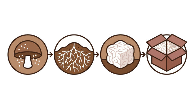 Conceptual diagram illustrating the sustainable process of mushroom mycelium cultivation, growth, and subsequent preparation for eco-friendly material packaging