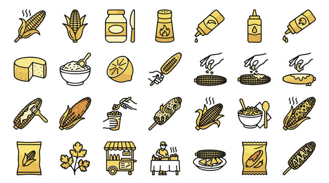 Elote Mexican street food icon set in linear style. A collection of corn icons, including grilled cob, esquites, lime, chili powder, cheese, cilantro, mayo, and street cart