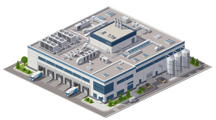 Obraz premium Modern isometric industrial building illustration. Factory, warehouse, or logistics center with loading docks, trucks, and roof equipment