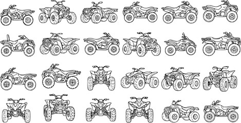 Automotive Off-road Recreation Vehicles Black and White Line Art Collection: Detailed ATV and Quad Bike Illustrations for Outdoor Adventure and Sports © victoria