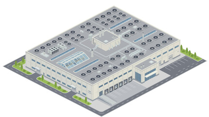Fototapeta premium Isometric concept illustration of a modern industrial warehouse or factory building, representing manufacturing, logistics, and business operations