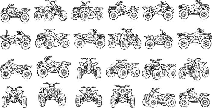 Automotive Off-road Recreation Vehicles Black and White Line Art Collection: Detailed ATV and Quad Bike Illustrations for Outdoor Adventure and Sports