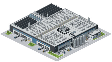 Obraz premium Modern industrial complex isometric illustration depicting efficient manufacturing, sustainable energy with solar panels, and global logistics operations with delivery trucks