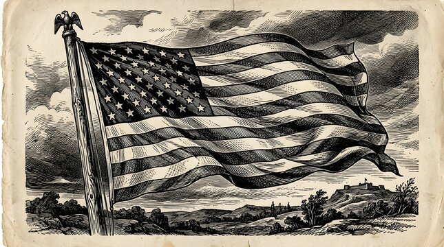 Vintage illustration of american flag waving on a pole outdoors