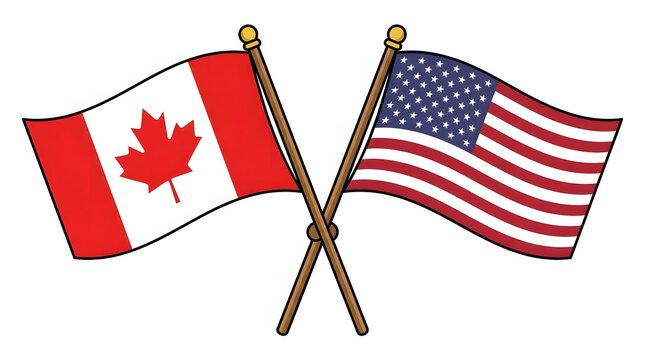 Cartoon flags of canada and united states on crossed poles isolated on white background