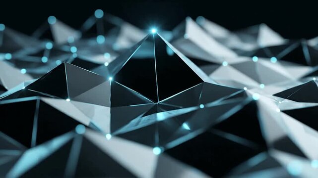 Abstract futuristic low-poly 3D landscape with glowing geometric connections and light points