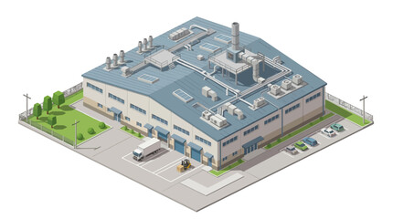 Obraz premium Modern industrial warehouse building with loading docks and surrounding green spaces, showcasing logistics and business operations