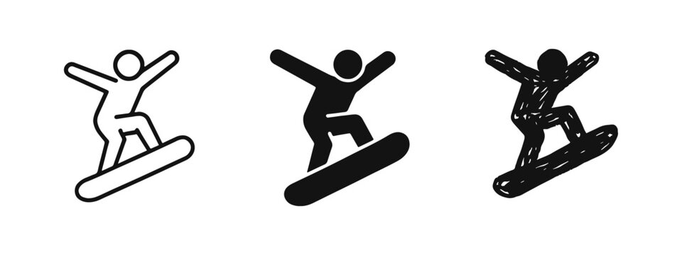 Snowboarding action sport icons, depicting winter activity and extreme sports.