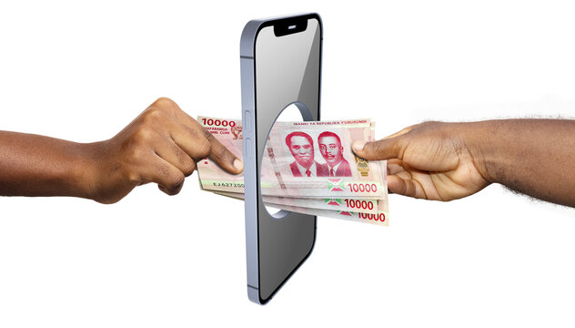 A smartphone acts as a digital portal for two people exchanging 10,000 Burundian Franc (BIF) banknotes. It represents fintech innovation, mobile banking, and seamless money transfers in Burundi.