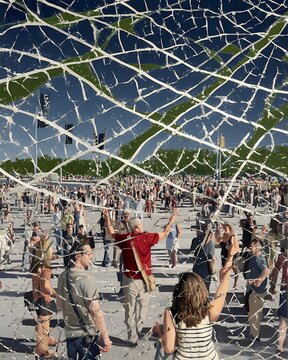 crowd gathers in a public square with fractured overlay