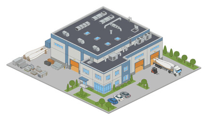 Obraz premium Isometric view of a modern industrial warehouse building with loading docks, trucks, and vehicles, representing logistics and distribution