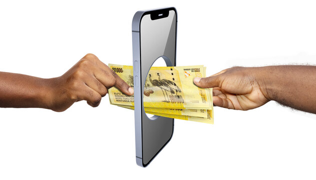 A creative concept showing a digital money transfer where physical 20,000 Congolese Franc bills are passed through a hole in a smartphone screen, representing mobile payments and fintech in the DRC.