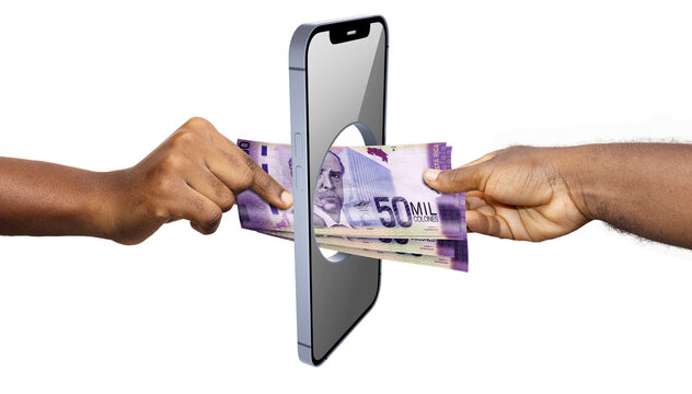A creative concept showing a digital money transfer where physical Costa Rican 50,000 Col&oacute;n bills are passed through a hole in a smartphone screen, representing mobile payments and fintech.