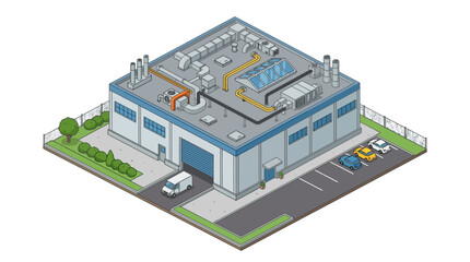 Obraz premium Isometric illustration of a modern industrial building, a factory or warehouse with a loading dock, delivery van, and parking, for business logistics