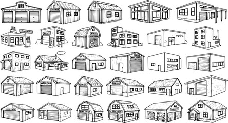 Naklejka premium Architectural Hand-Drawn Sketchy Buildings Set: Line Art Collection of Garages, Workshops, Barns, Houses, Auto Repair Shops Commercial Structures