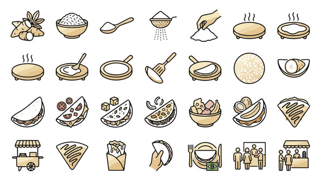 Tapioca Brazilian Food Icon Set in Line Style. A collection of linear icons showing preparation steps, including cassava, flour, cooking, crepes, fillings, snack, street food