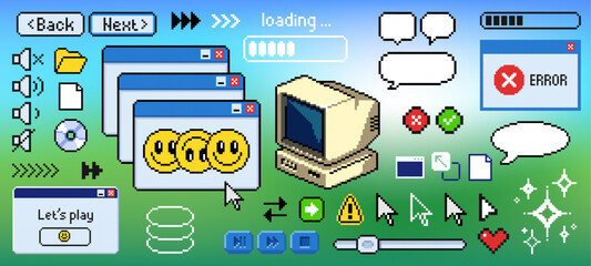 Retro pixel art computer Y2K aesthetic icons, cartoon vector illustration. Colorful 8-bit ui elements, warning window, speech bubbles, and game buttons. Digital stickers, nostalgic 90s internet vibes.